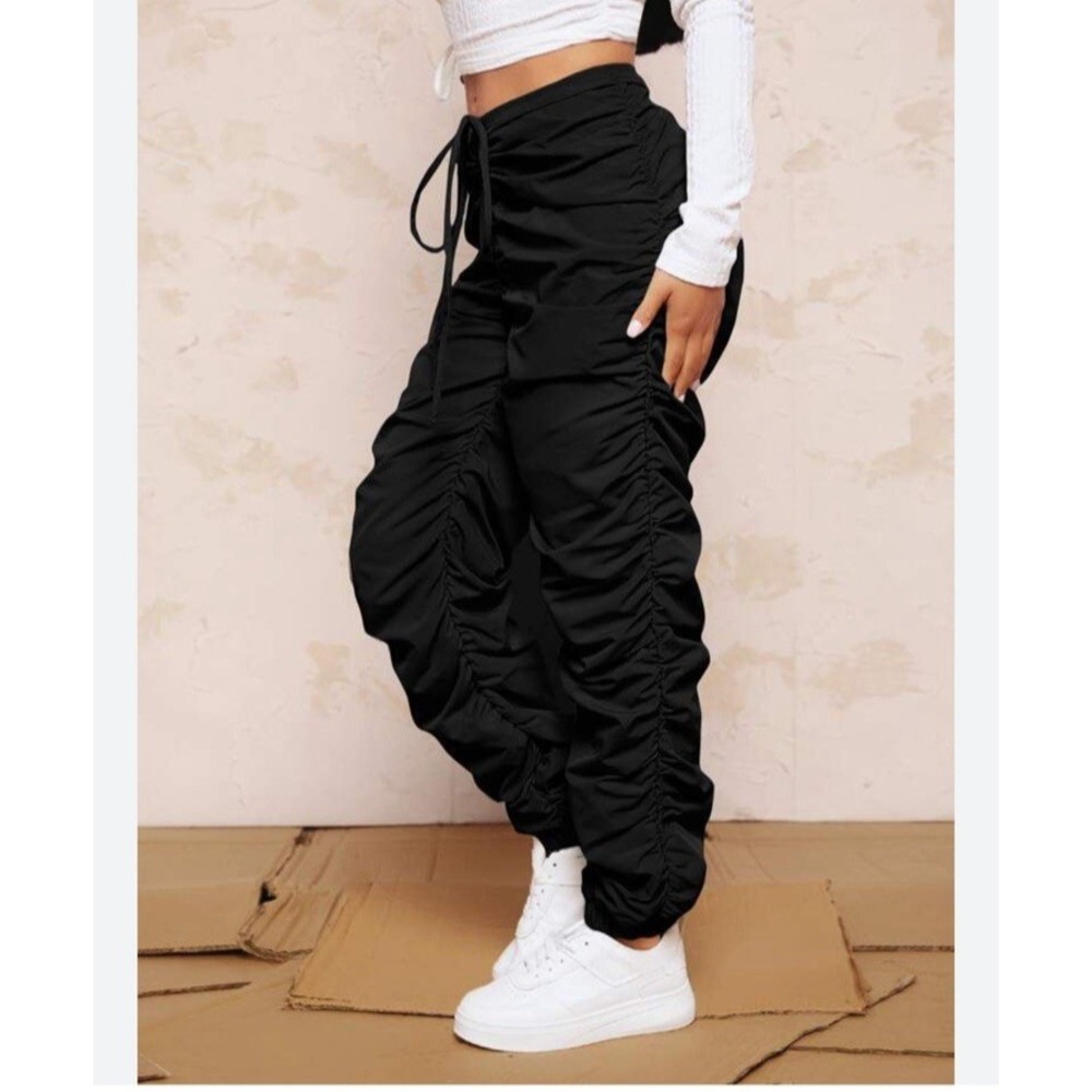 Shein Womens Coolane Skater Pants L Black Cinch Ruched Tie Sides Parachute Rave